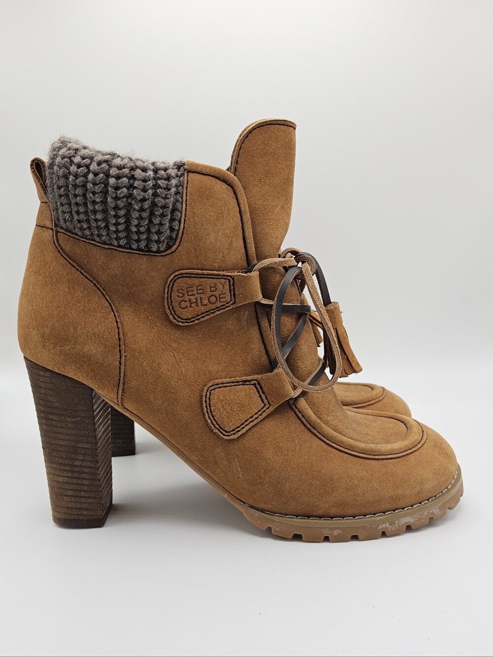 See by Chloe Misaki brown suede heeled ankle boots with knit collar EU 39